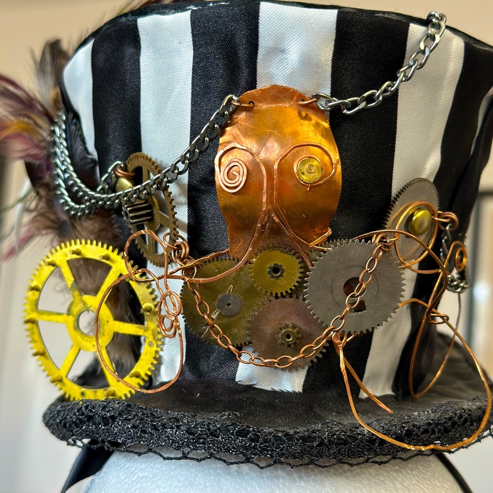 Steampunk mini top hat with copper octopus and gear detail. Handmade.